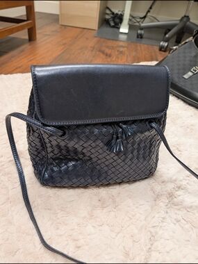 Bottega Veneta Black Intrecciato Woven Leather Crossbody with Tassel